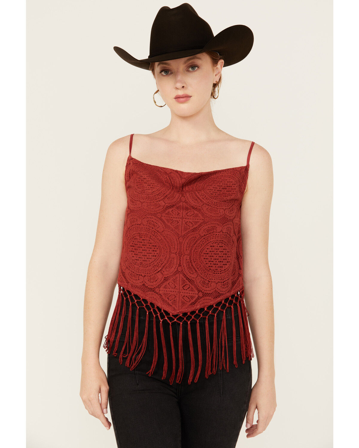 Image #1 - Rock & Roll Denim Women's Medallion Print Lurex Fringe Tank, Red, hi-res
