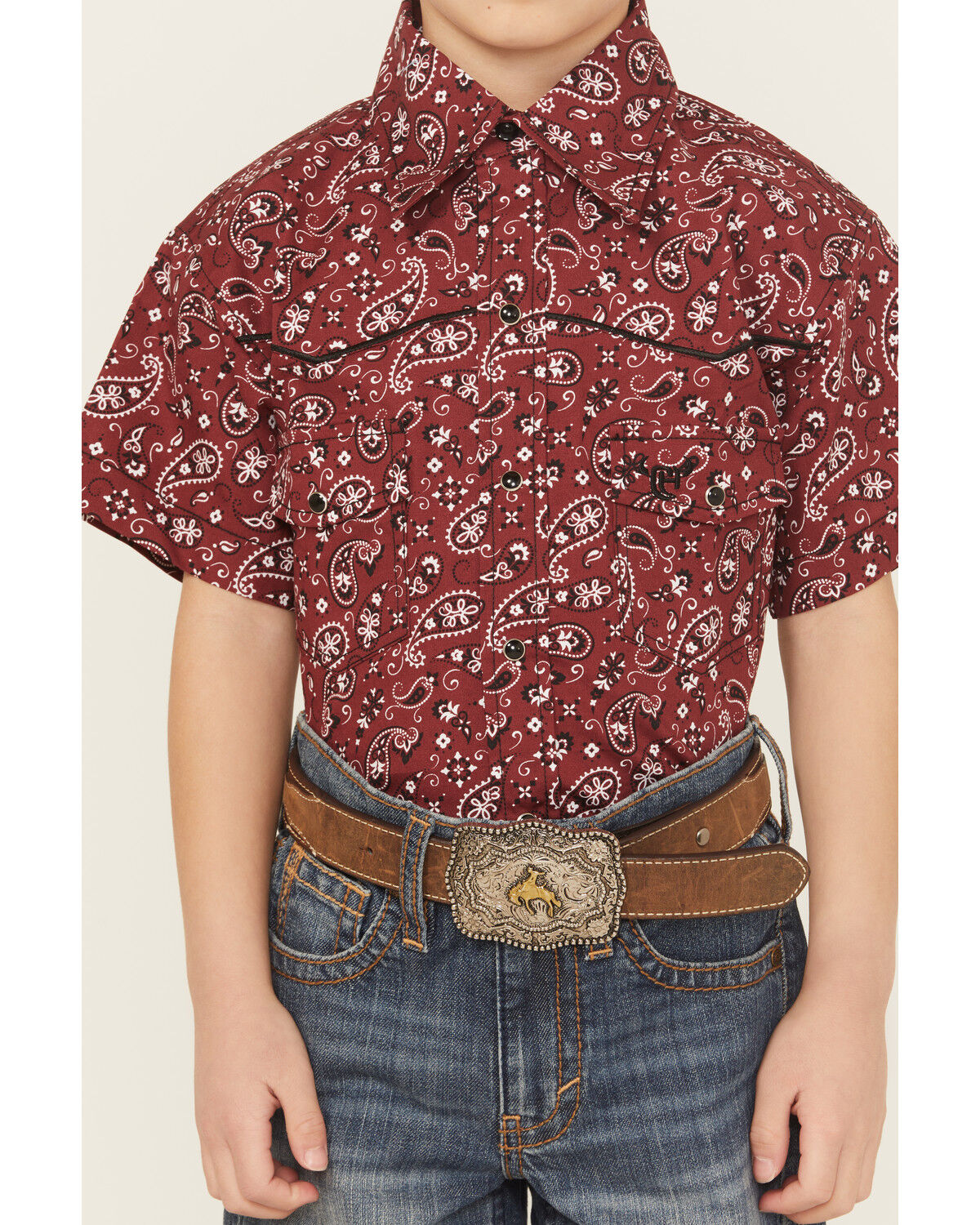 Image #3 - Cowboy Hardware Boys' Paisley Print Short Sleeve Snap Stretch Western Shirt, Red, hi-res