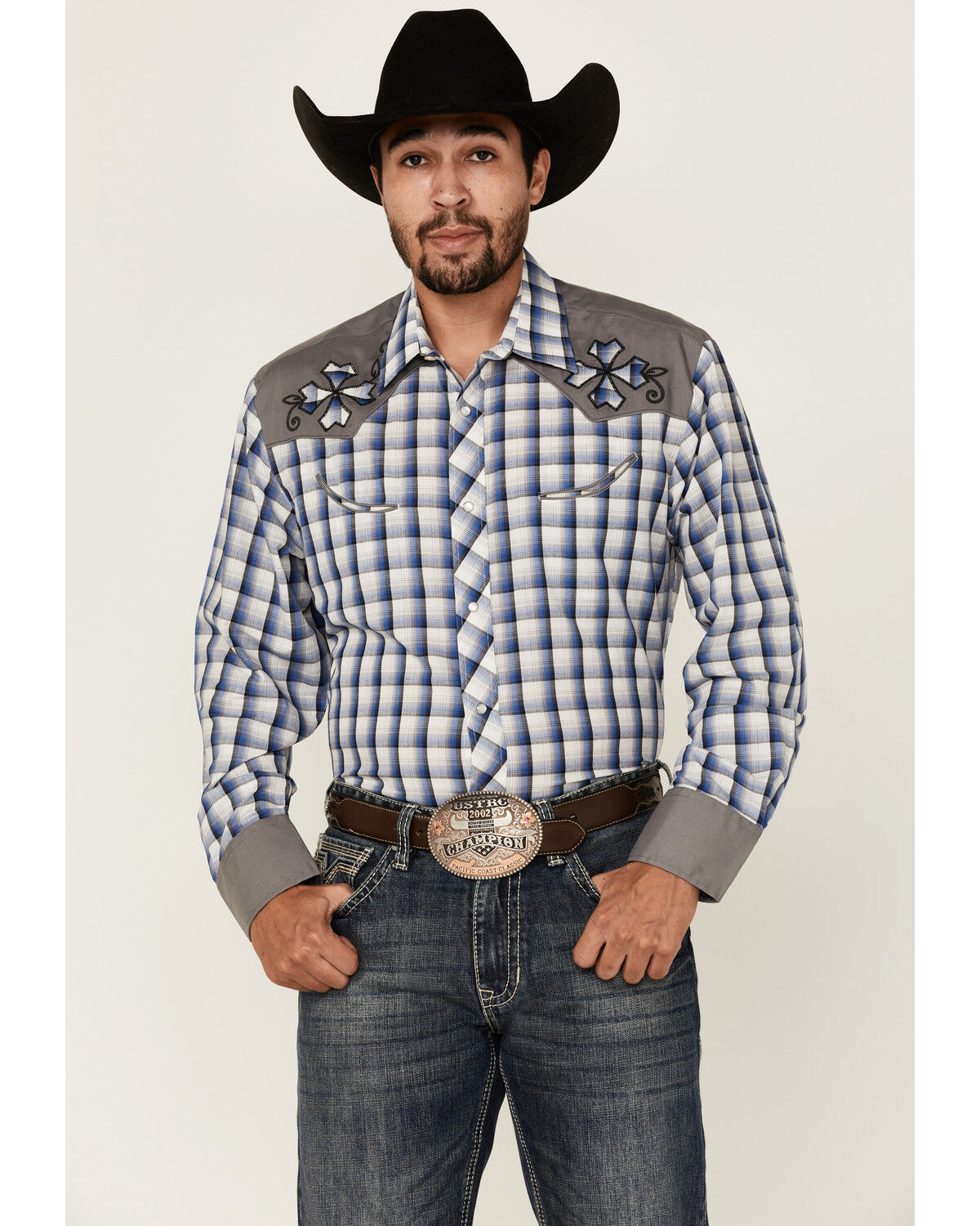 Image #1 - Roper Men's Checkered Embroidered Plaid Print Long Sleeve Pearl Snap Western Shirt, Blue, hi-res