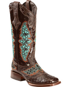 Lucchese Women's Handmade Chocolate Amberlyn Full Quill Ostrich Boots - Square Toe , Chocolate, hi-res