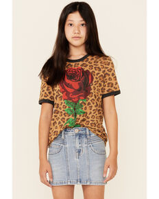 Rodeo Quincy Girls' Libby Longhorn Graphic Short Sleeve Ringer Tee, Cheetah, hi-res