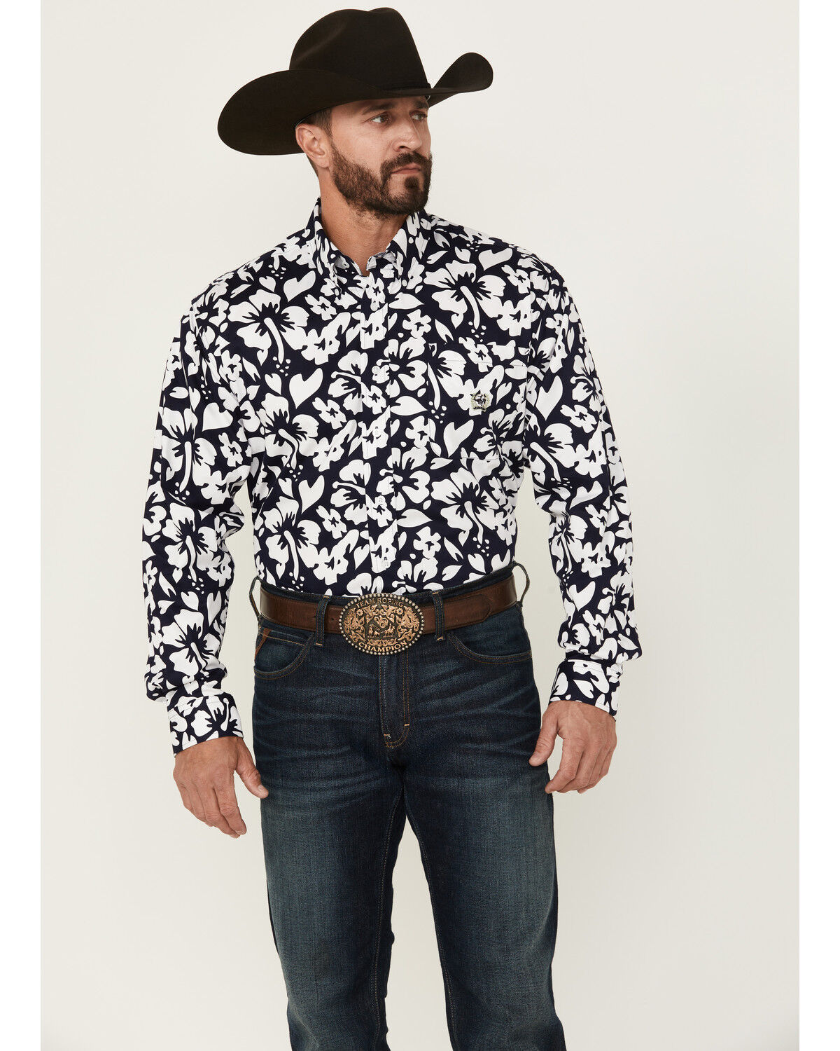 Image #1 - Cinch Men's Floral Print Long Sleeve Button-Down Western Shirt, Navy, hi-res
