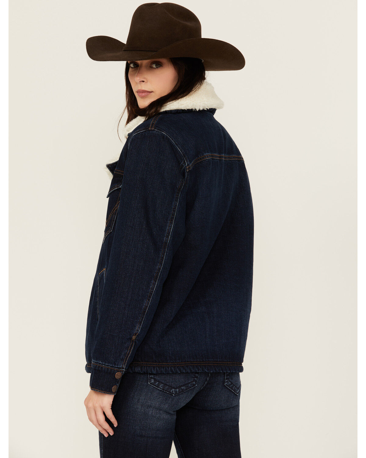 Image #4 - Wrangler Women's Dark Wash Sherpa Lined Denim Jacket, Blue, hi-res