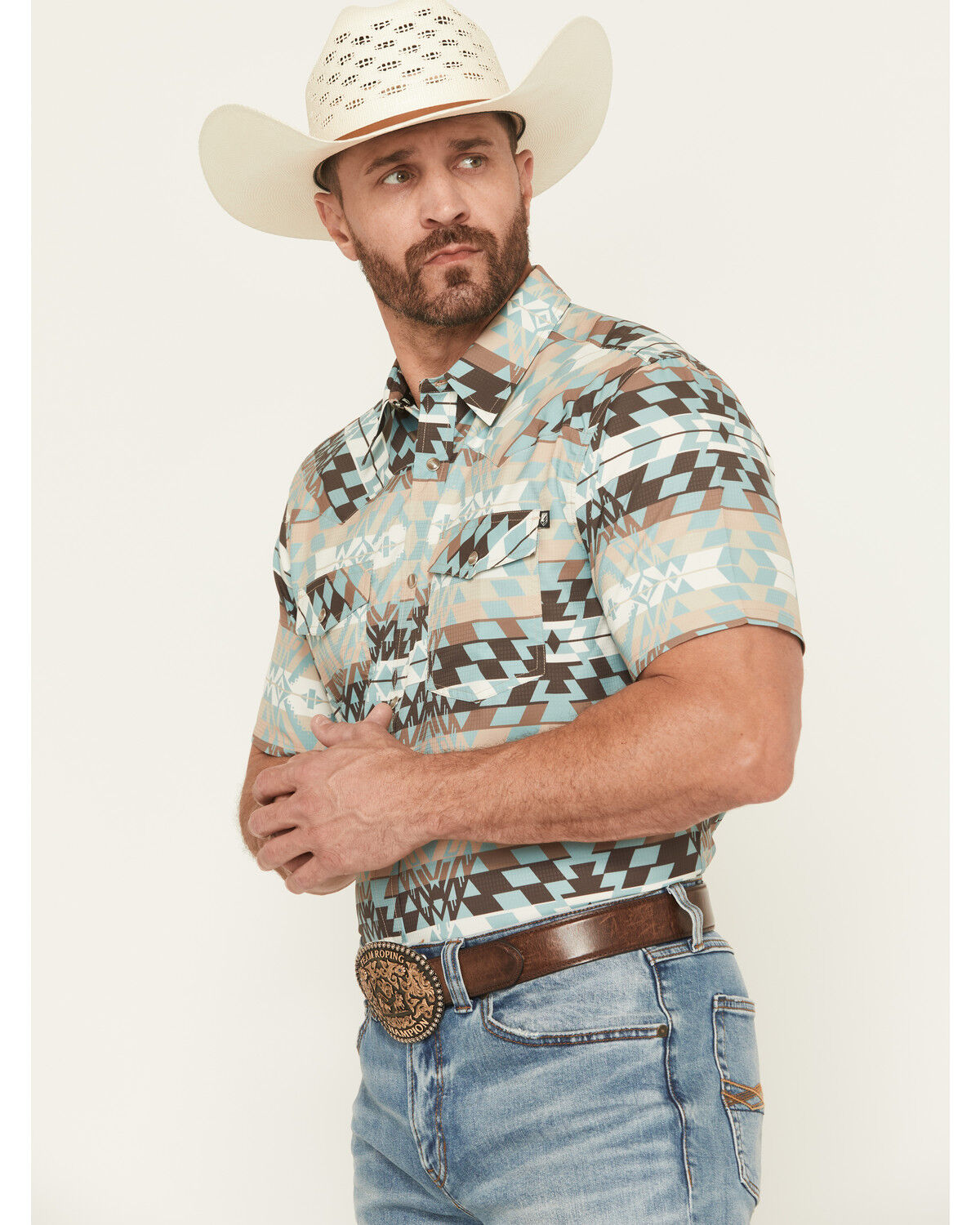 Image #2 - RANK 45® Men's Eagle Pass Southwestern Print Short Sleeve Snap Performance Western Shirt, Multi, hi-res