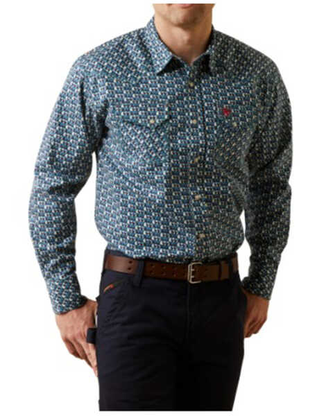 Ariat Men's FR Earp Retro Print Long Sleeve Snap Work Shirt , Blue, hi-res