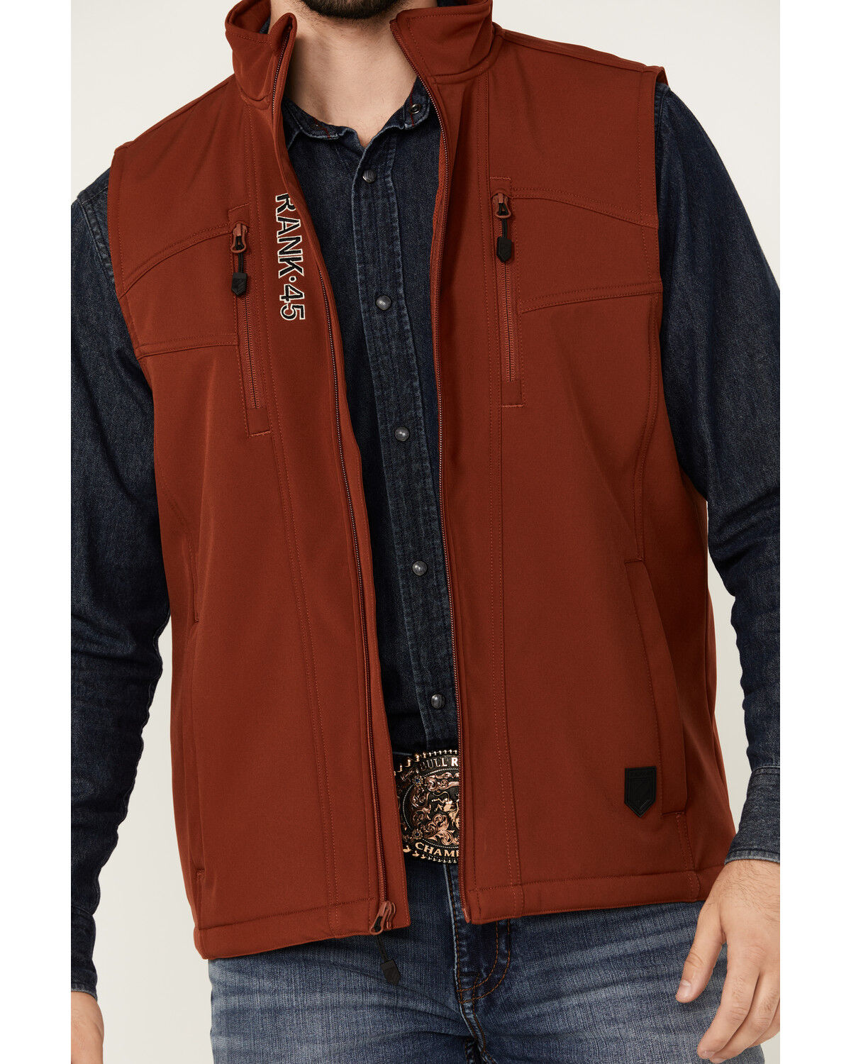 Image #3 - RANK 45® Men's Ralington Embroidered Softshell Vest, Dark Orange, hi-res
