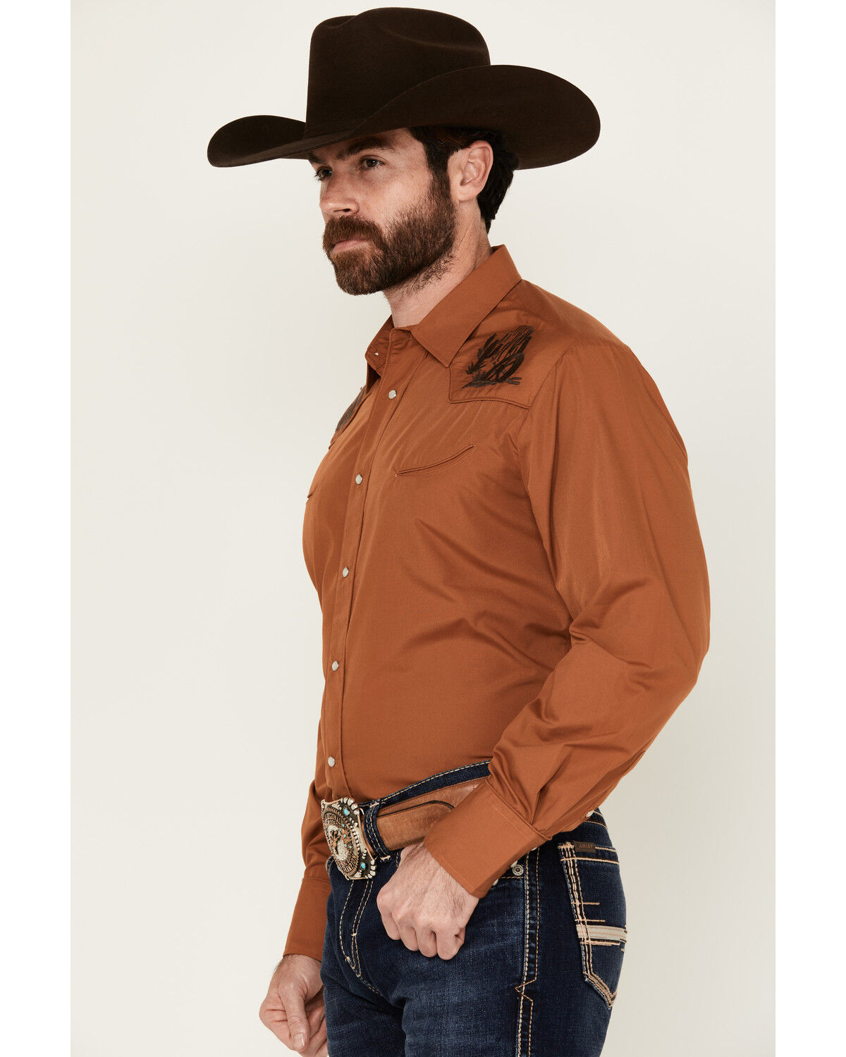 Image #2 - Roper Men's Embroidered Yoke Long Sleeve Snap Western Shirt, Rust, hi-res