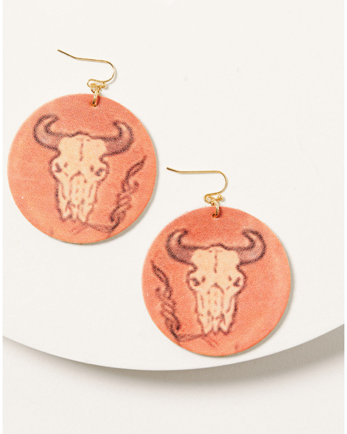 Image #1 - Shyanne Women's Round Bullhorn Cognac Leather Earrings, Rust Copper, hi-res