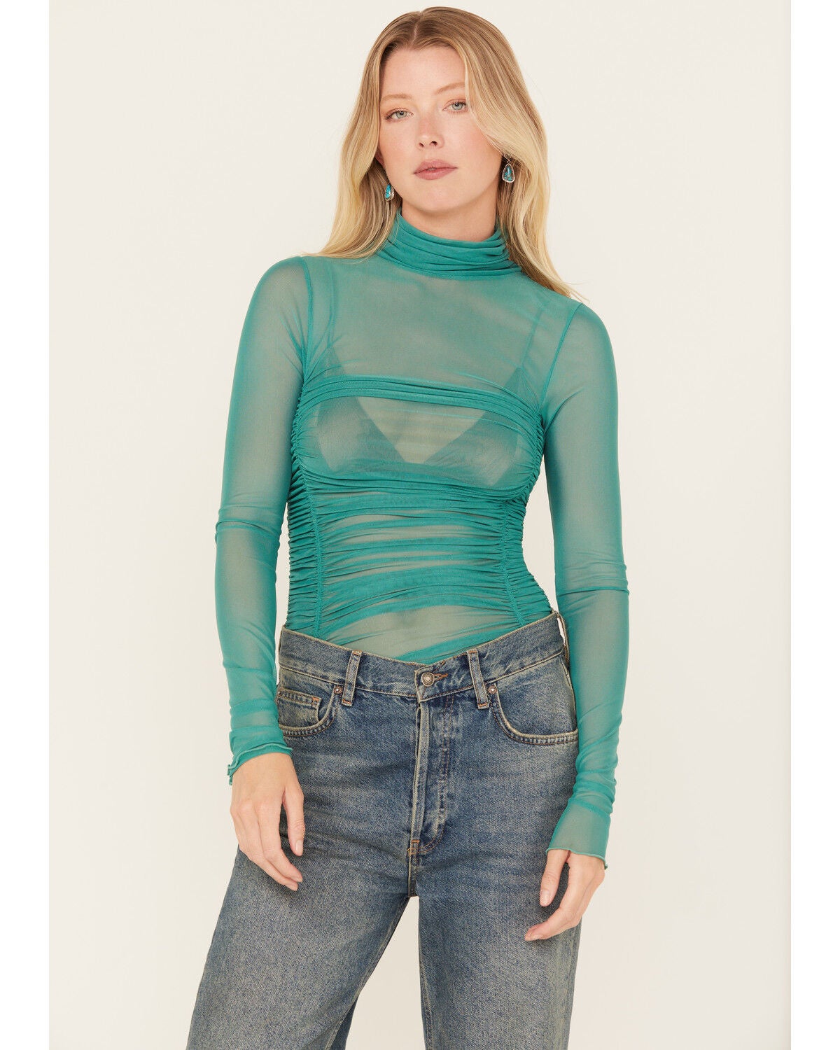Free People Women's Under It All Ruched Mesh Bodysuit, Teal, hi-res