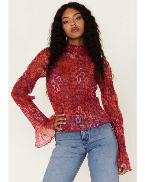 Free People Women's Hello There Floral Top, Wine, hi-res