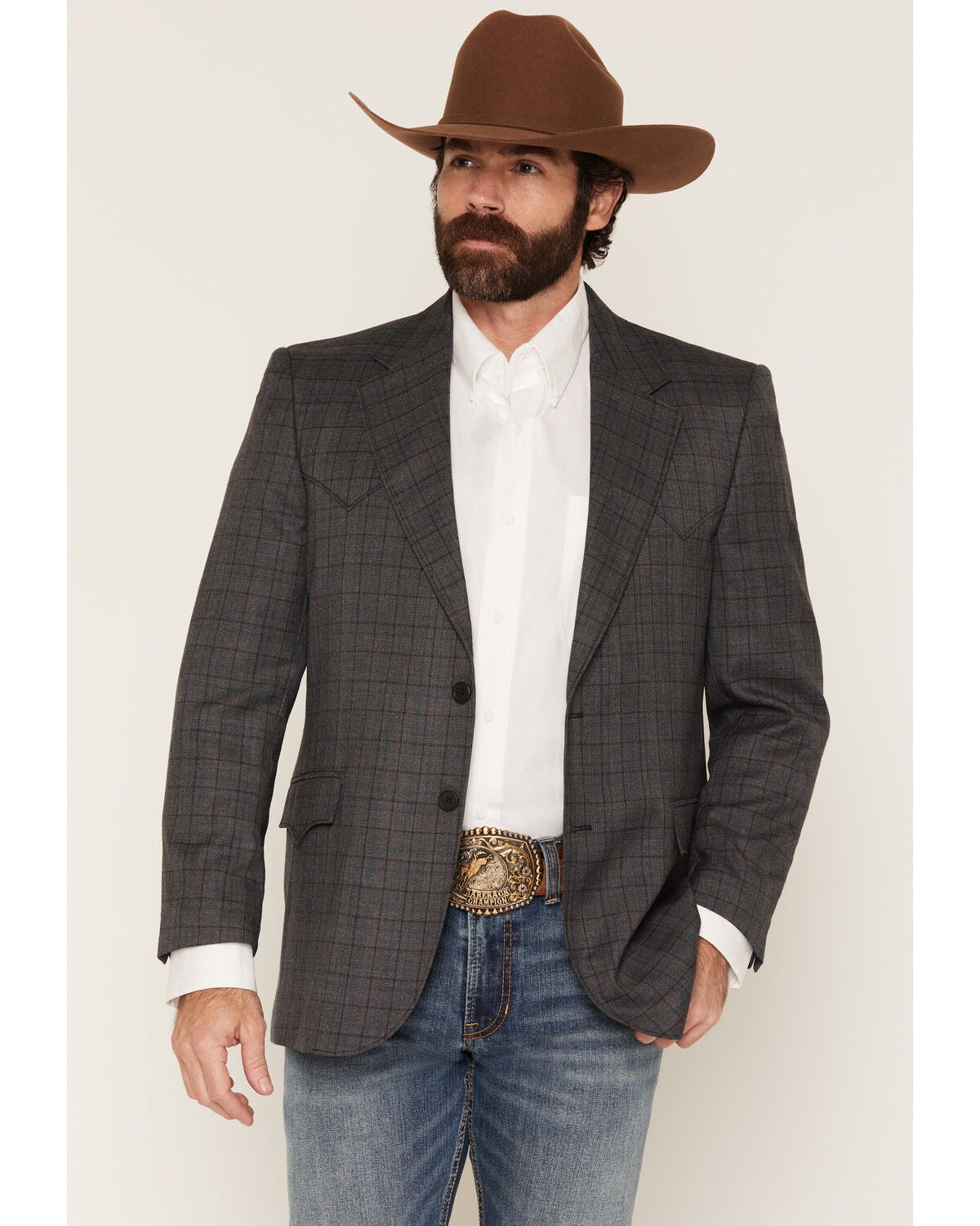 Image #1 - Circle S Men's Lubbock Plaid Print Button-Down Sportcoat, Charcoal, hi-res