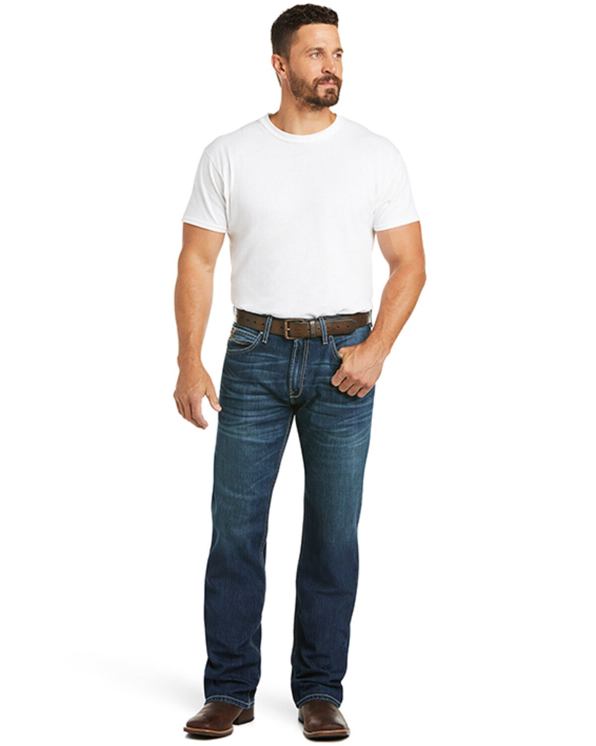 Image #1 - Ariat Men's M4 Ford Bragg Dark Stretch Relaxed Bootcut Jeans, Blue, hi-res
