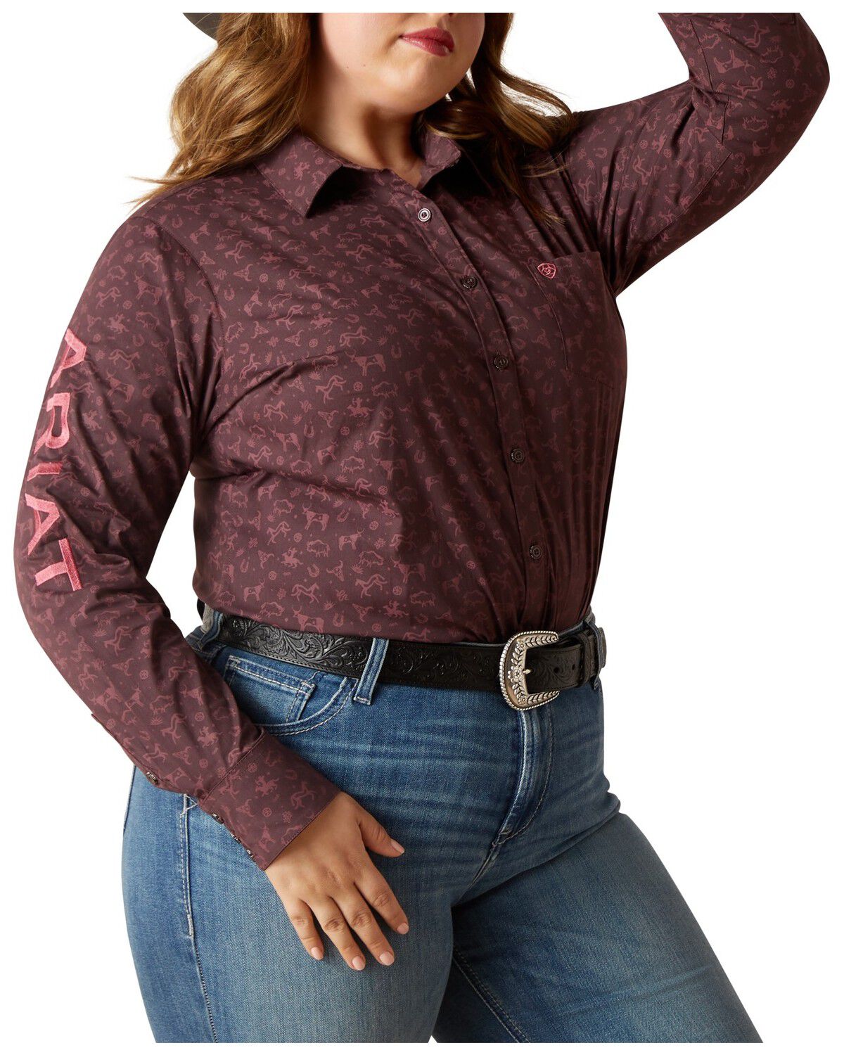 Image #1 - Ariat Women's Ancestry Print Team Kirby Long Sleeve Button-Down Western Shirt - Plus, Maroon, hi-res