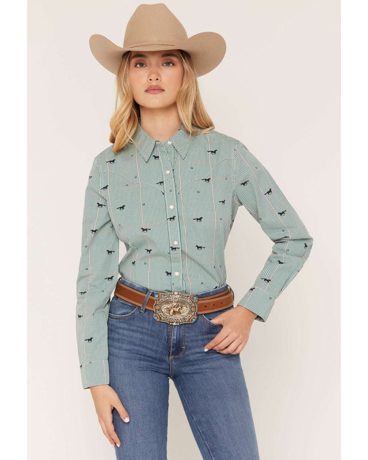 Image #1 - Wrangler Retro Women's Running Horse Plaid Print Long Sleeve Snap Western Shirt, Green, hi-res