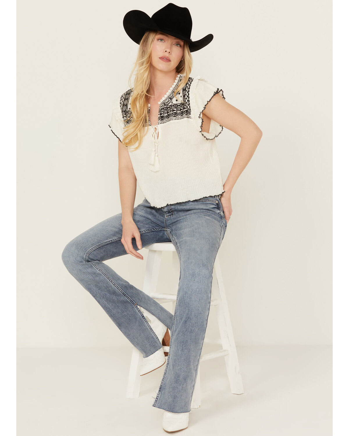 Image #1 - Free People Women's Ribbed Short Sleeve Embroidered Shirt, White, hi-res