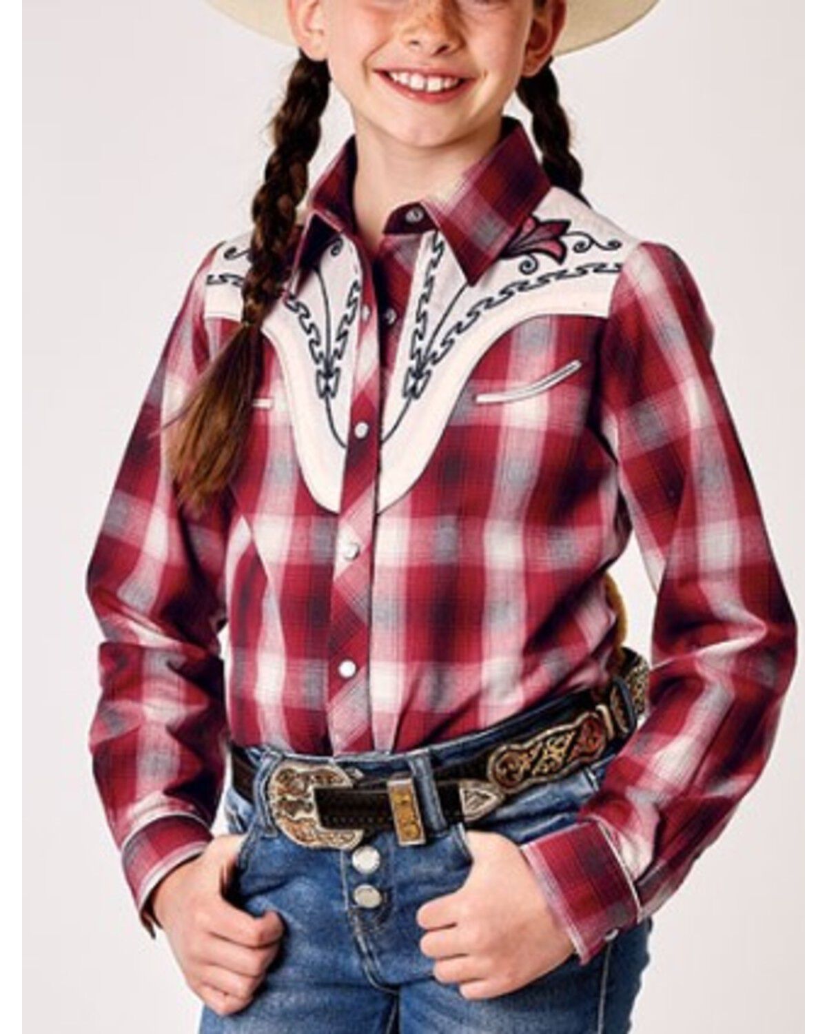 Image #1 - Roper Girls' Plaid Print Embroidered Yoke Long Sleeve Snap Western Shirt, Red, hi-res