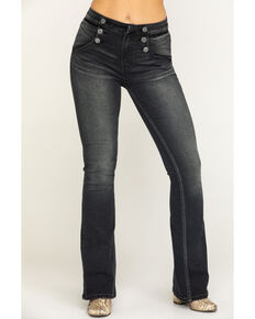 Rock & Roll Denim Women's Charcoal Button Flare Jeans , Charcoal, hi-res
