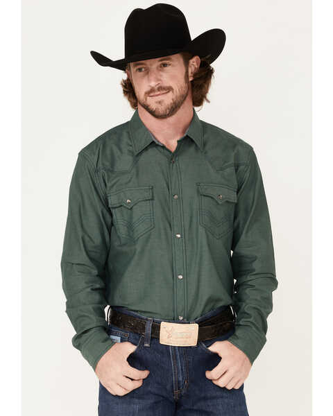 Cody James Men's Primitive Solid Long Sleeve Pearl Snap Western Shirt , Green, hi-res