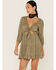 Image #1 - Lush Women's Tie Front Cutout Tiered Long Sleeve Dress, Olive, hi-res