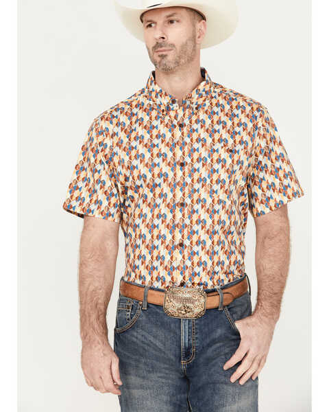 Image #1 - RANK 45® Men's Abstract Geo Print Short Sleeve Button-Down Shirt, Gold, hi-res