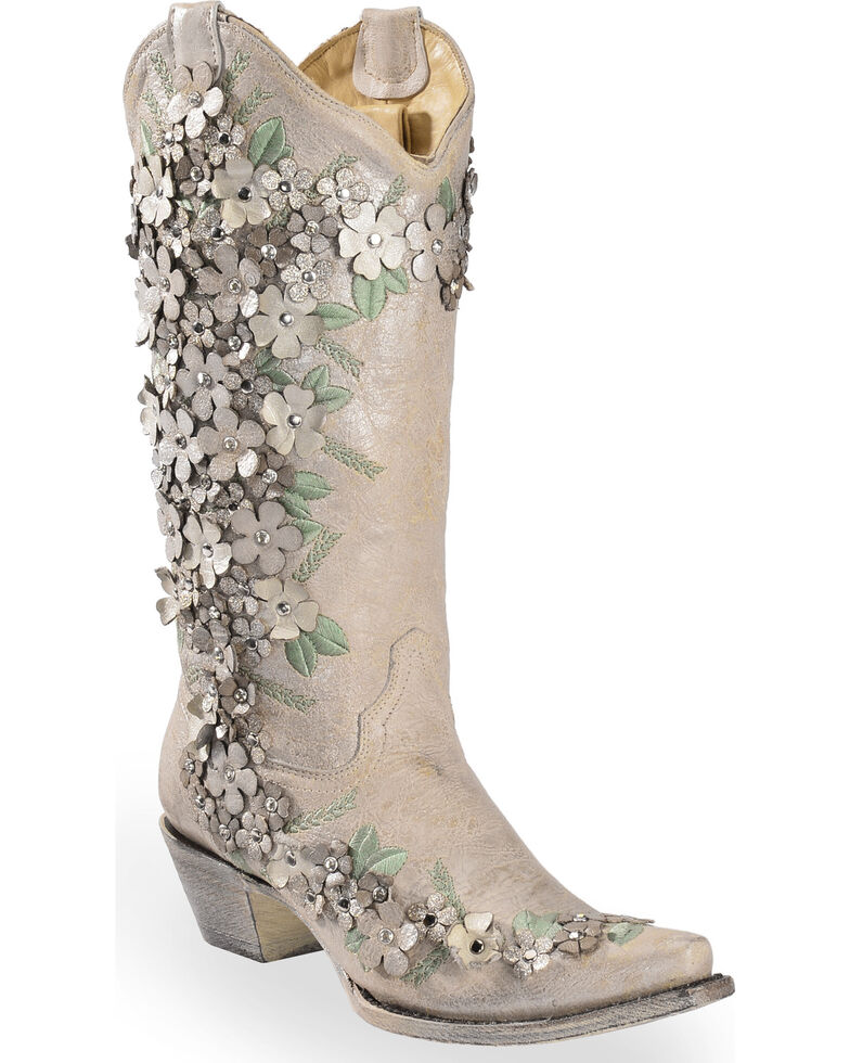 Corral Women's White Floral Overlay Embroidered Stud and Crystals Cowgirl Boots - Snip Toe, White, hi-res