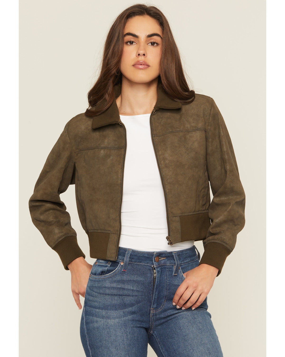 Image #1 - Cleo + Wolf Women's Washed Faux Leather Bomber Jacket, Hunter Green, hi-res