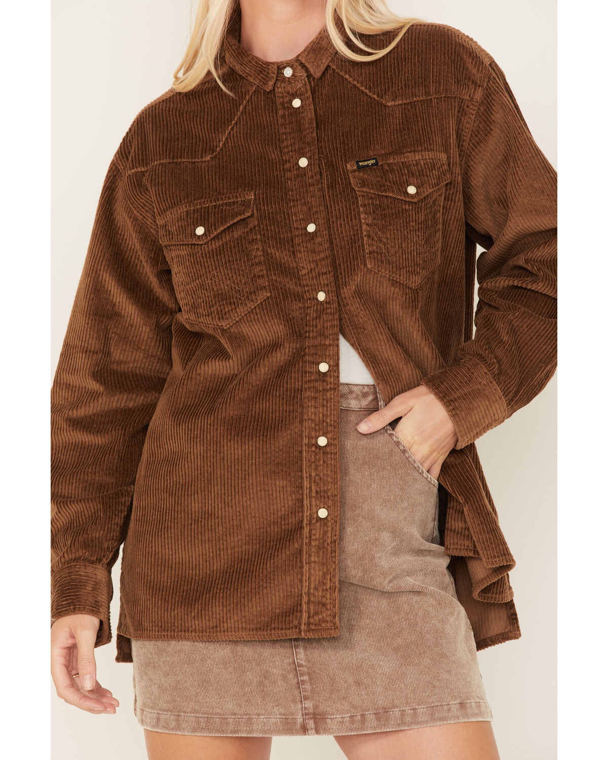 Image #3 - Wrangler Women's Corduroy Long Sleeve Snap Western Overshirt, Brown, hi-res