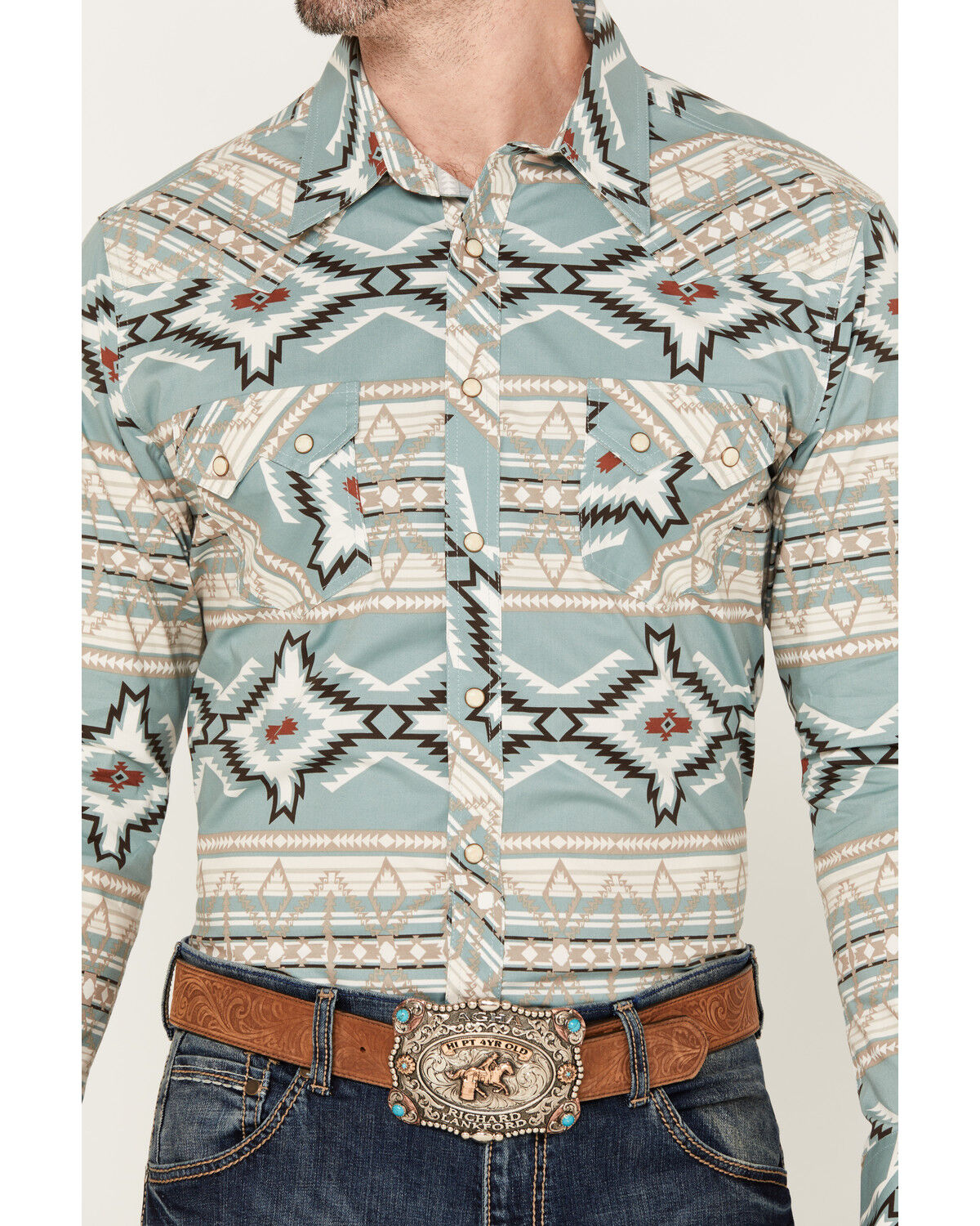 Image #3 - Rock & Roll Denim Men's Southwestern Long Sleeve Western Snap Shirt, Sage, hi-res