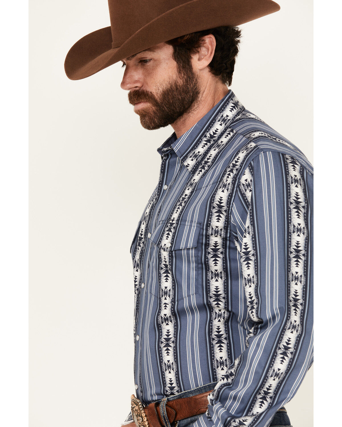 Image #2 - Wrangler Men's Checotah Southwestern Striped Print Long Sleeve Pearl Snap Western Shirt, Blue, hi-res
