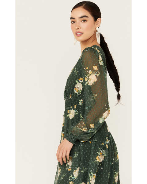 Image #2 - Jolt Women's Long Sleeve Floral Chiffon Wrap Tier Dress, Green, hi-res