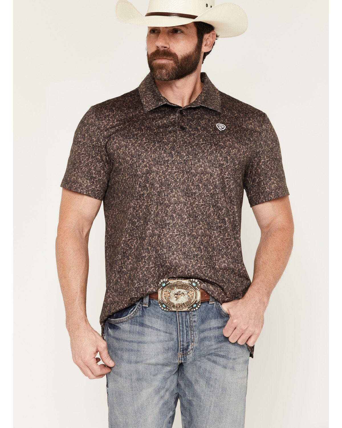 Image #1 - Rock & Roll Denim Men's Camo Print Short Sleeve Button-Down Stretch Polo Shirt, Camouflage, hi-res