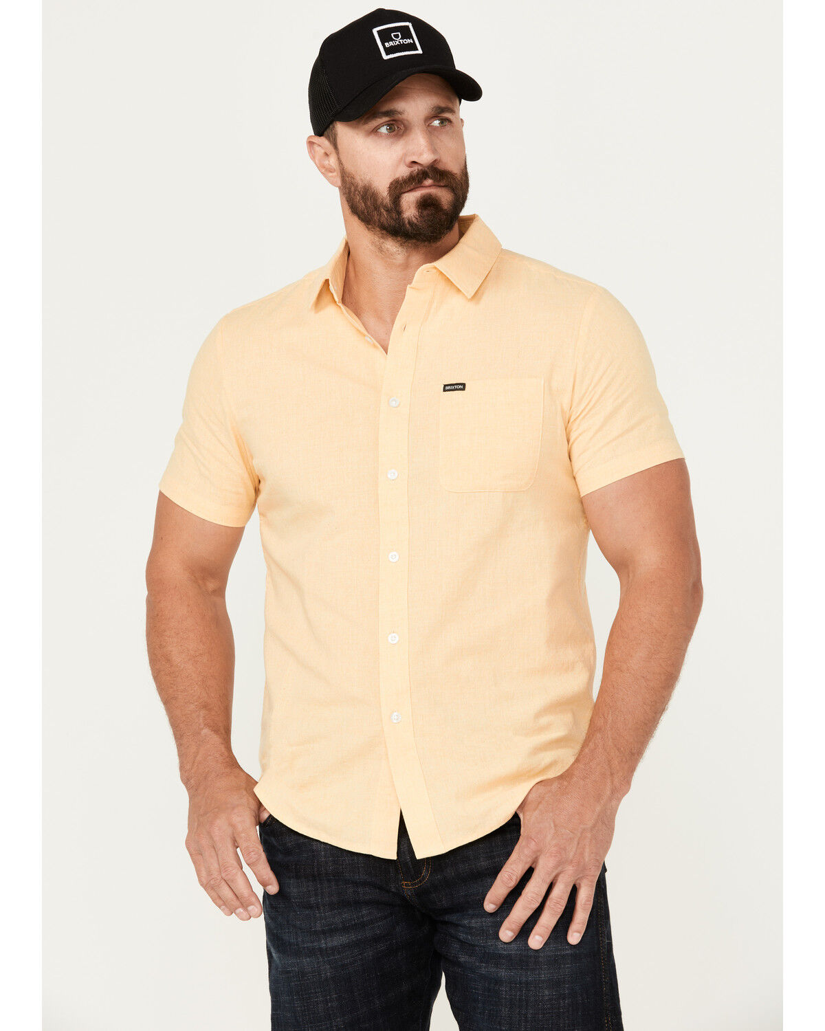 Image #1 - Brixton Men's Charter Solid Short Sleeve Button-Down Shirt, Yellow, hi-res