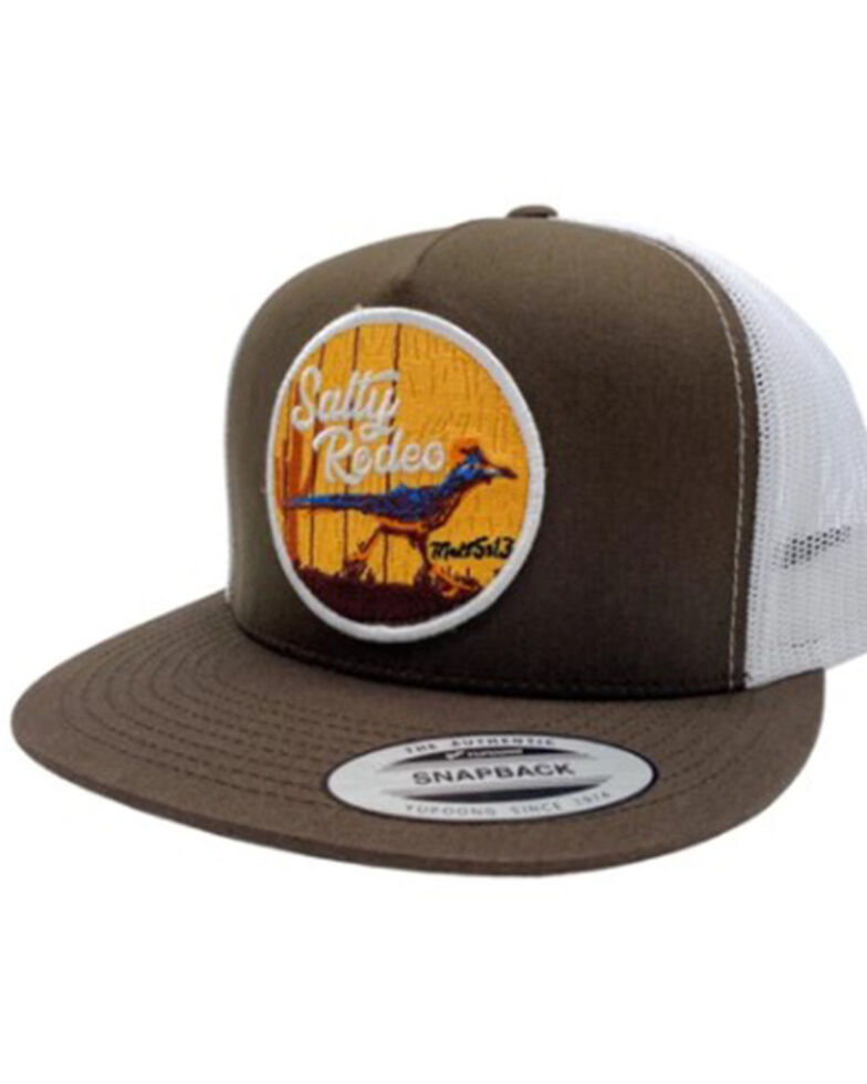 Salty Rodeo Men's Brown & White Roadrunnder Logo Circle Patch Mesh-Back Trucker Cap , Brown, hi-res
