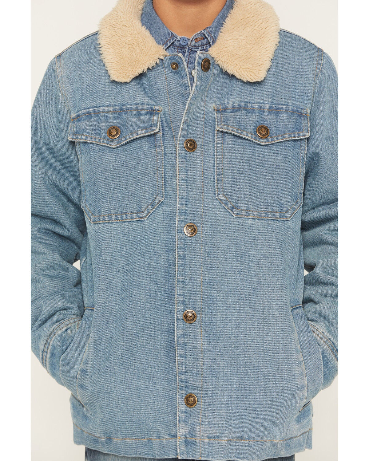 Image #3 - Urban Republic Boys' Medium Wash Sherpa Lined Snap Denim Jacket, Medium Wash, hi-res