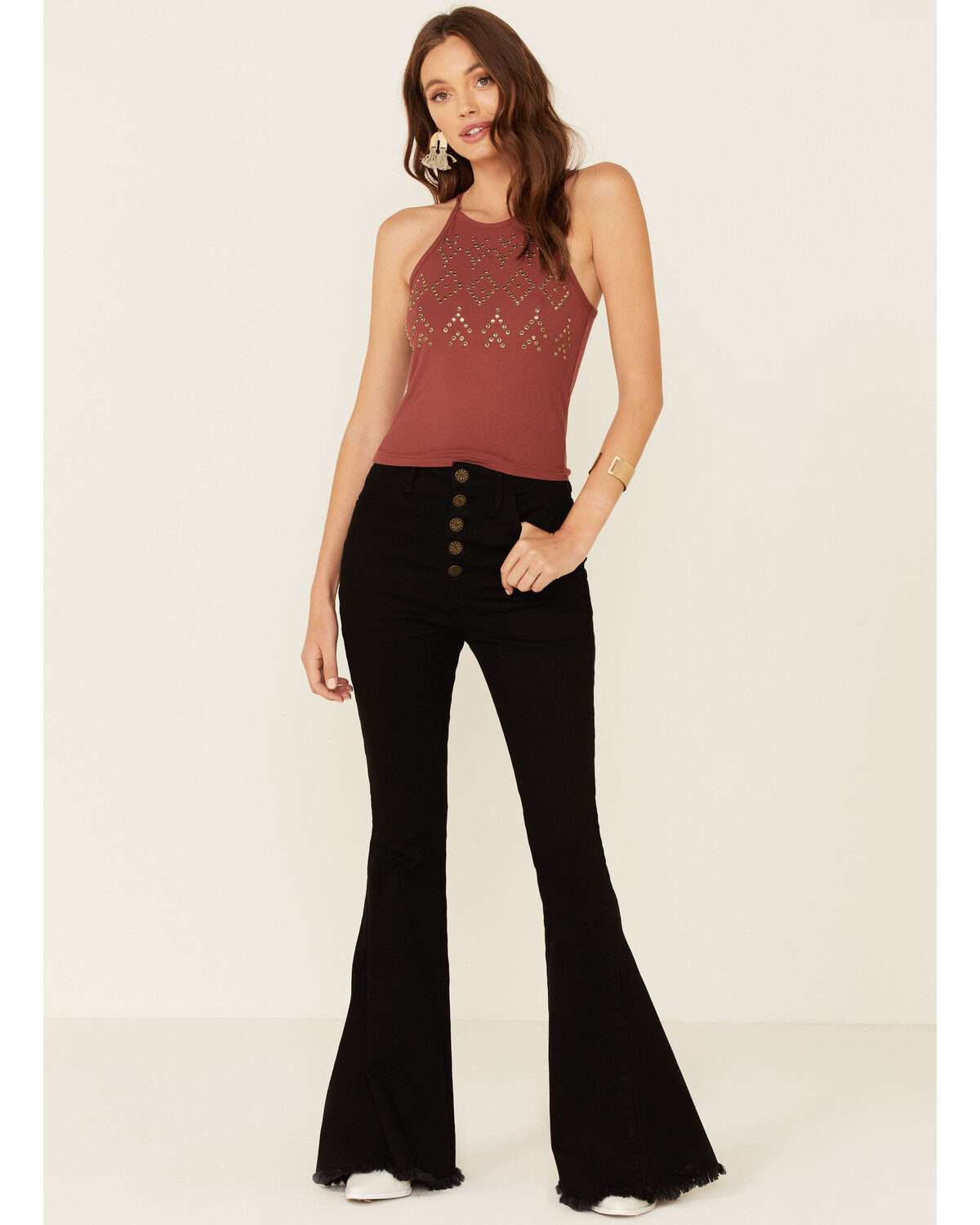 Image #2 - Rock & Roll Denim Women's Rust Studded Ribbed Tank Top, Rust Copper, hi-res