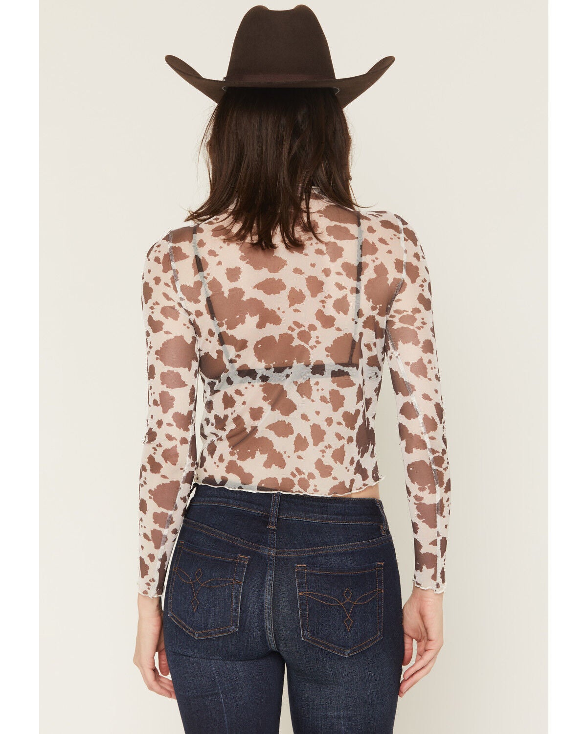 Image #4 - Rock & Roll Denim Women's Cow Print Long Sleeve Mesh Top, Brown, hi-res