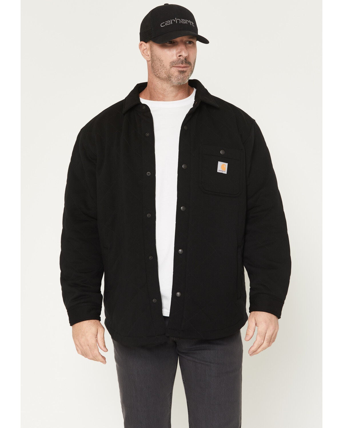 Image #1 - Carhartt Men's Rain Defender&reg; Loose Fit Heavyweight Quilted Snap Front Shirt Jacket, Black, hi-res