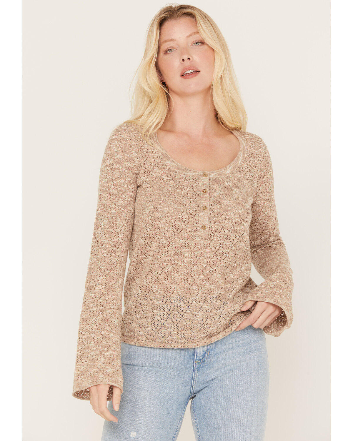 Image #1 - Idyllwind Women's Ranger Pointelle Henley Long Sleeve Shirt, Oatmeal, hi-res