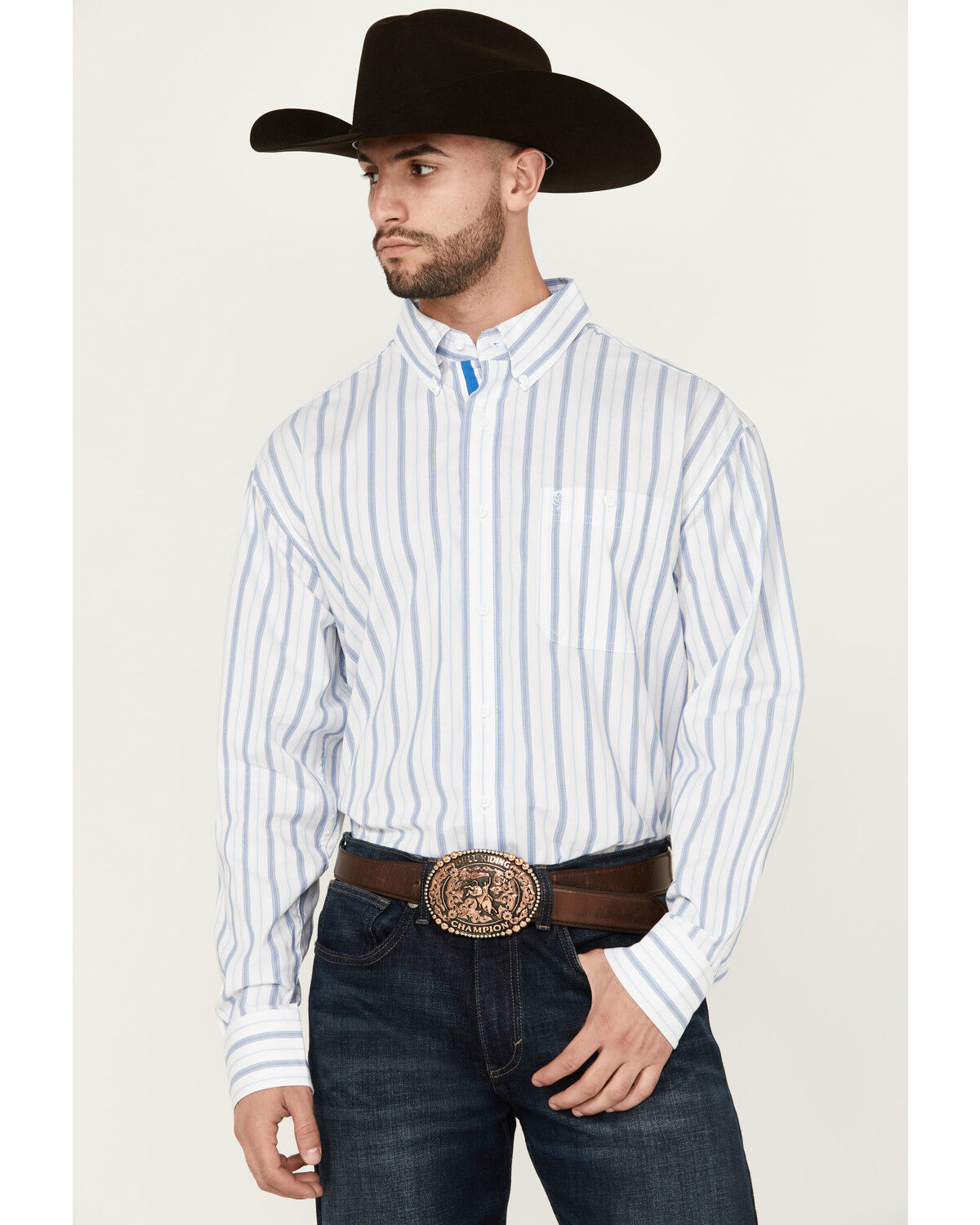 Image #1 - George Strait by Wrangler Men's Striped Long Sleeve Button-Down Stretch Western Shirt - Tall, White, hi-res