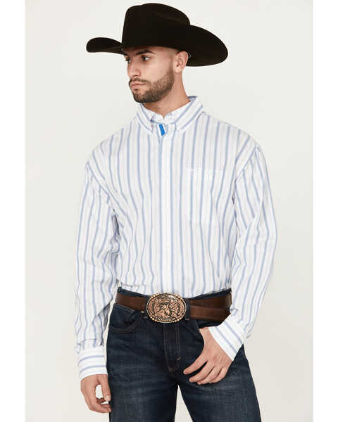 George Strait by Wrangler Men's Striped Long Sleeve Button-Down Stretch Western Shirt - Tall , White, hi-res