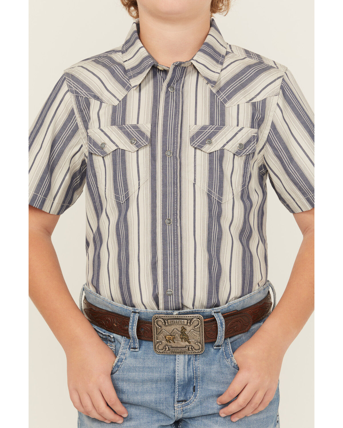 Image #2 - Cody James Boys' Roman Striped Short Sleeve Snap Western Shirt, Blue, hi-res