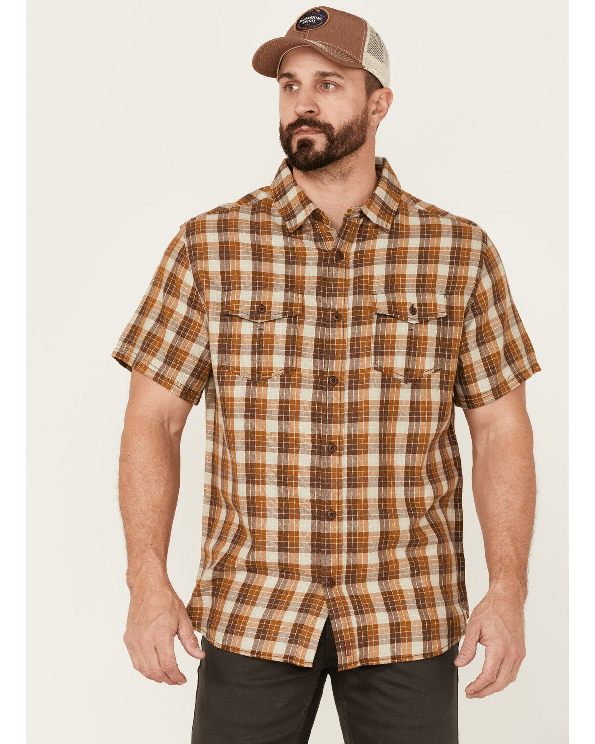 Image #1 - Brothers and Sons Men's Plaid Short Sleeve Button-Down Western Shirt, Beige/khaki, hi-res