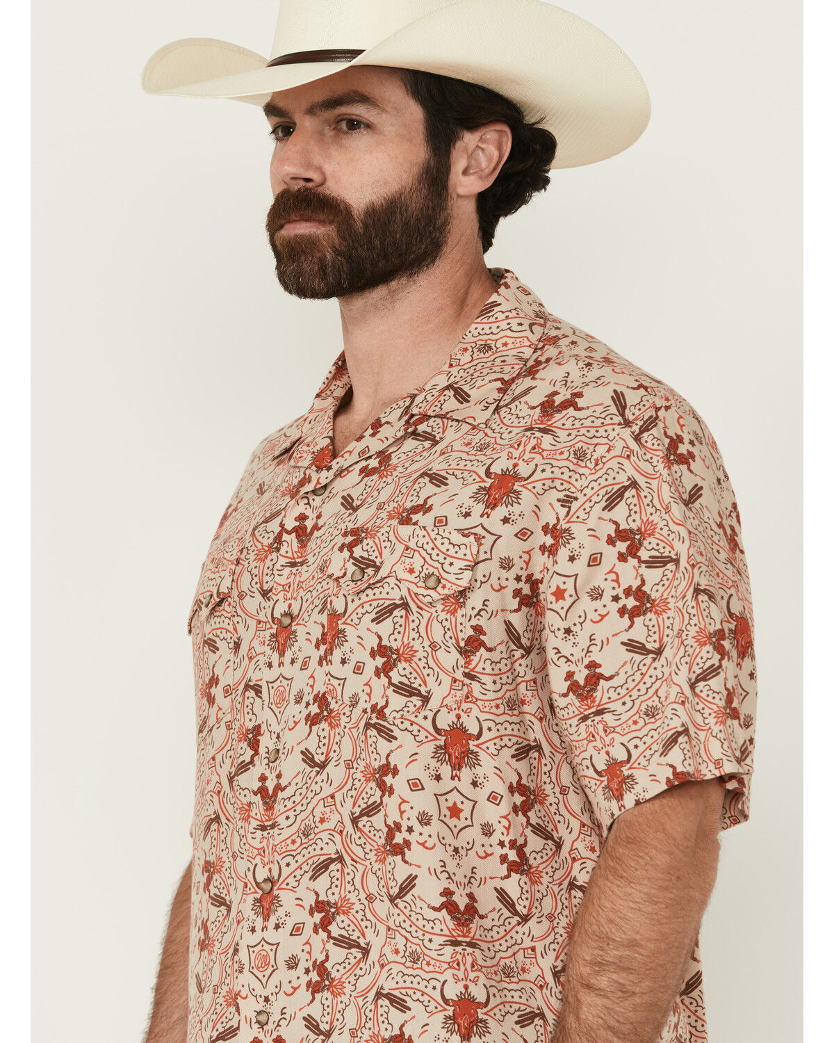 Image #2 - Wrangler Men's Coastal Cowboy Print Short Sleeve Snap Western Shirt, Orange, hi-res