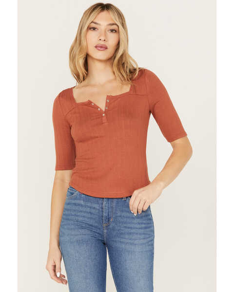 Idyllwind Women's Lucy Square Neck Henley Shirt, Pecan, hi-res