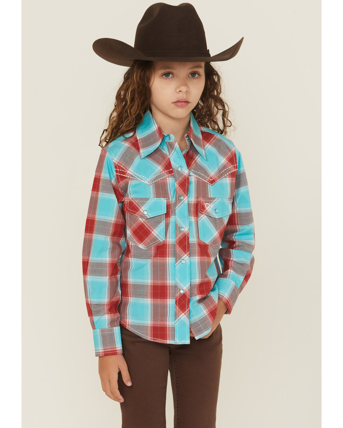 Image #1 - Cowgirl Hardware Girls' Plaid Print Long Sleeve Pearl Snap Stretch Western Shirt, Red, hi-res