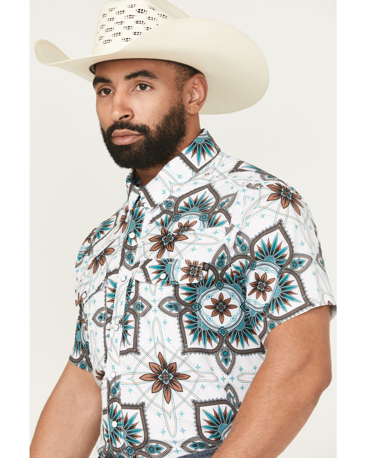 Image #2 - Rock & Roll Denim Men's Medallion Print Short Sleeve Snap Stretch Western Shirt, White, hi-res