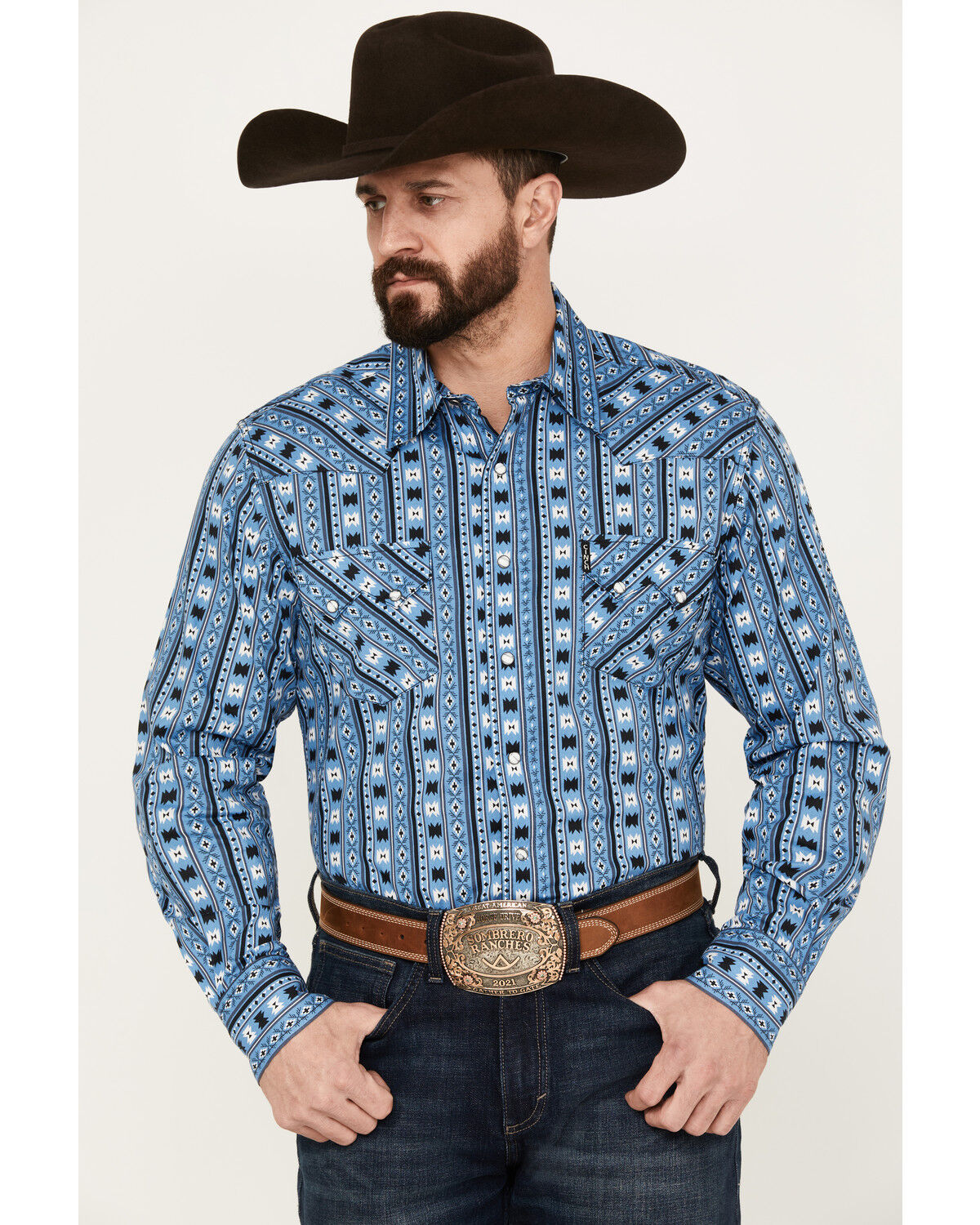 Image #1 - Cinch Men's Southwestern Print Long Sleeve Western Snap Shirt, Light Blue, hi-res
