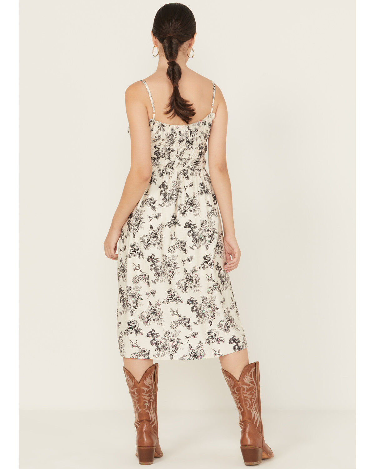 Image #4 - Wild Moss Women's Floral Print Smocked Midi Dress, Ivory, hi-res