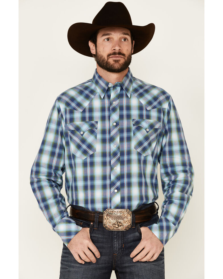 West Made Men's Dobby Plaid Long Sleeve Snap Western Shirt , Blue, hi-res