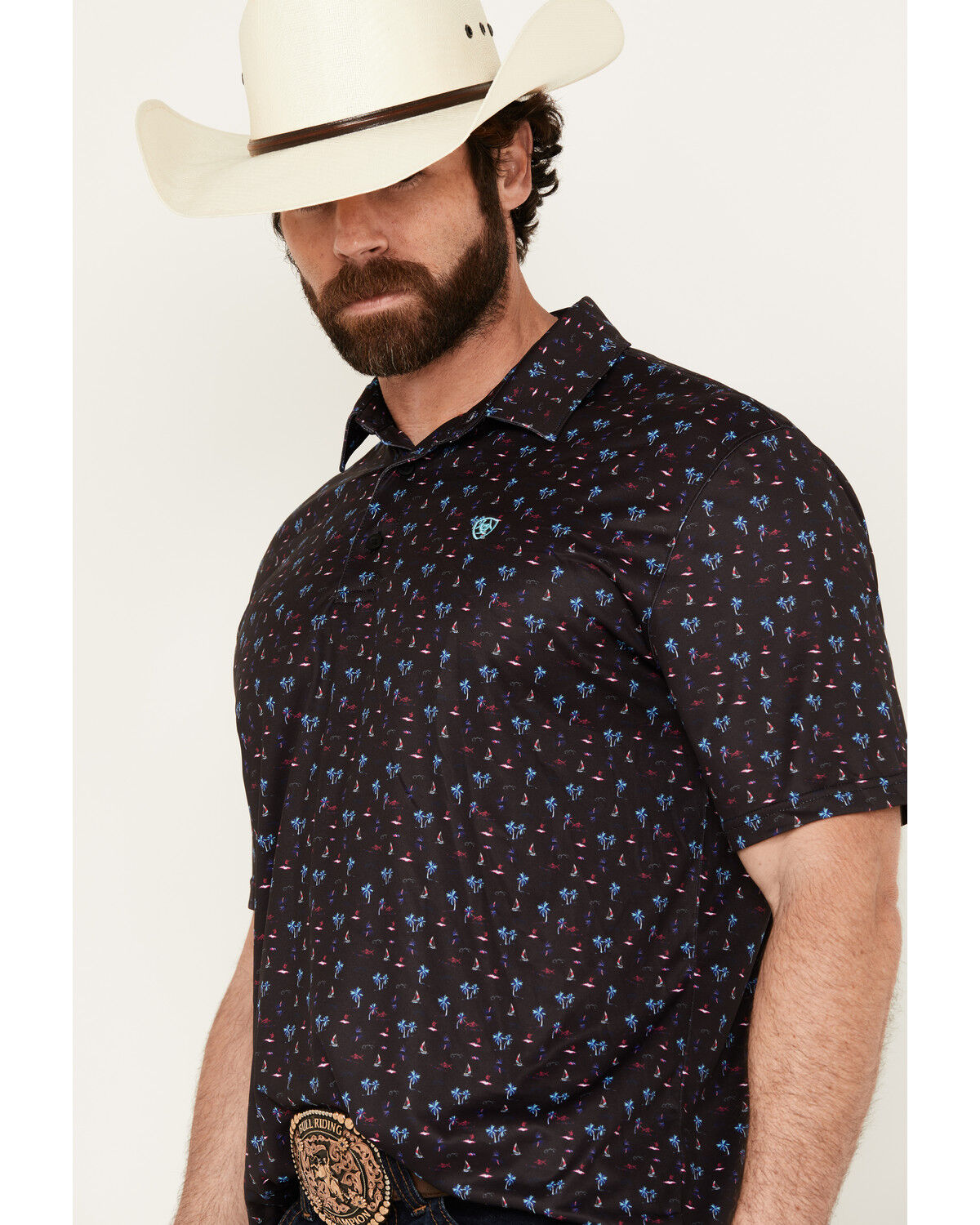 Image #2 - Ariat Men's Palm Tree Print Short Sleeve Performance Polo Shirt, Black, hi-res